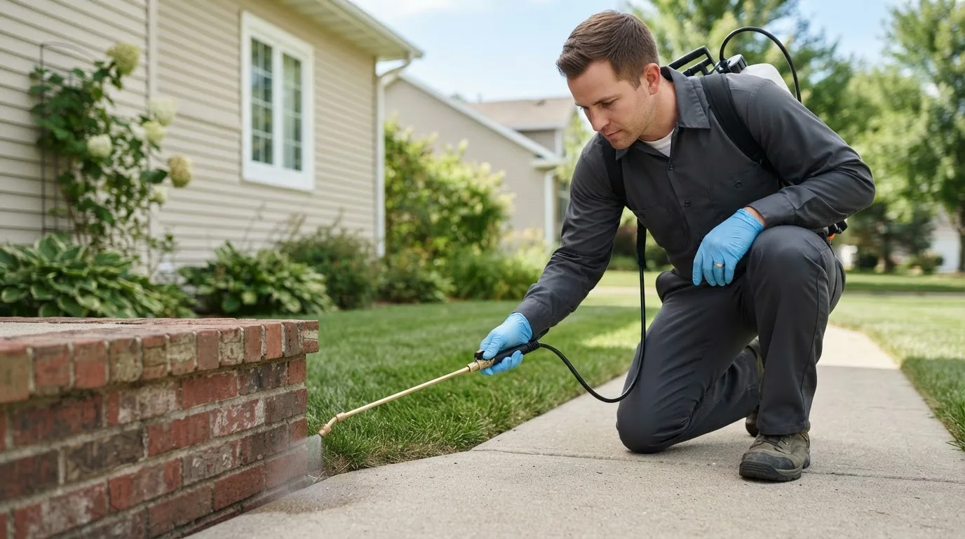 Pest control technician treating a home near Madrid, NY